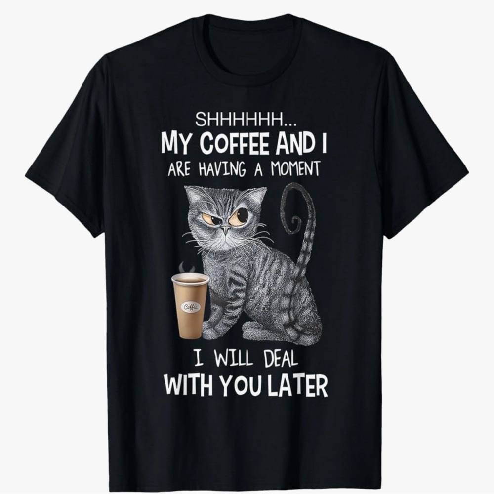 Source Unknown Black Graphic Tee with Gray Tabby Cat and Brown Coffee Cup
